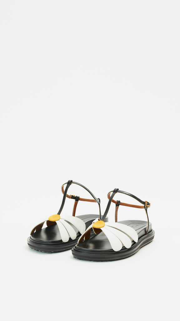 Marni Leather Flower Fussbett Shoe in Lily White, Black and Yellow FRONT