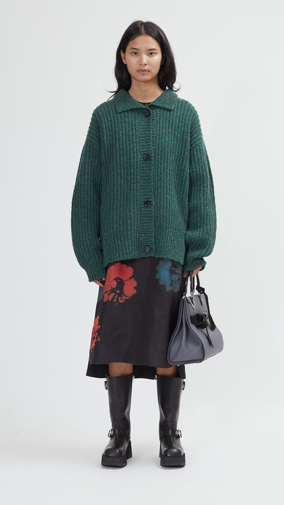 Marni Long Sleeve Ribbed Cardigan in Emerald FRONT