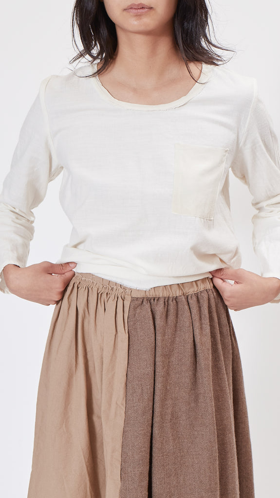 Elsa Esturgie Folk Skirt in Hazel detail of waistband and contrast panels