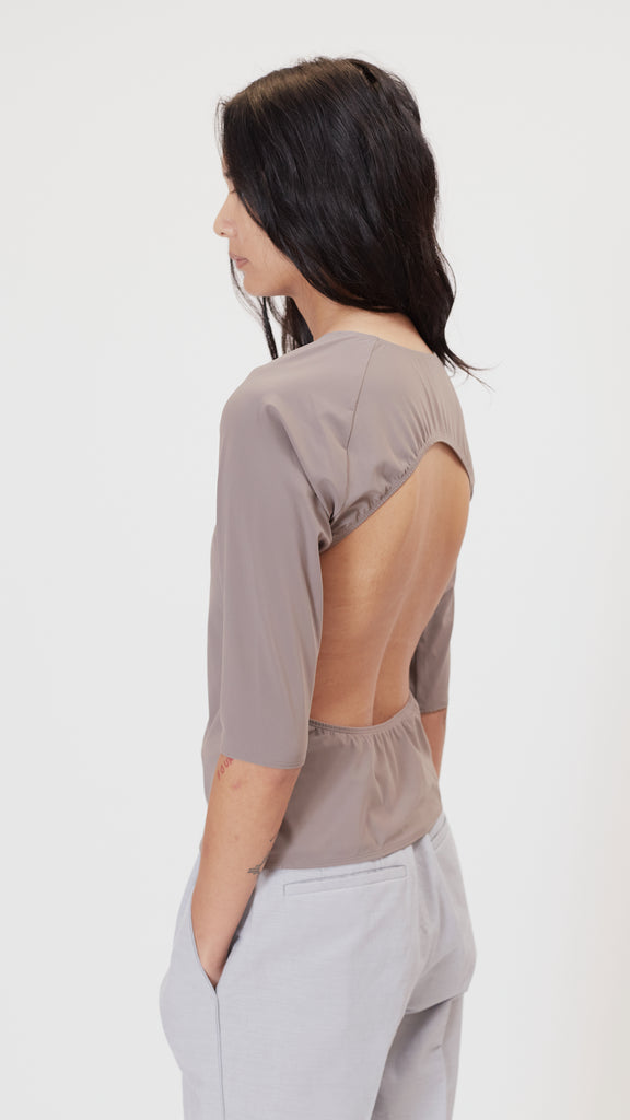 Issey Miyake Soma Top in Grey Back Cut Out Detail View