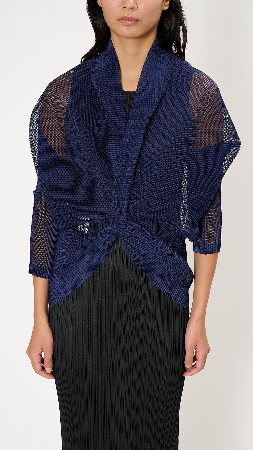 Issey Miyake Pleats Please Tatami August Cardigan in Dark Navy