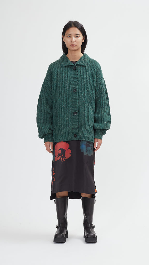 Marni Long Sleeve Ribbed Cardigan in Emerald front full body