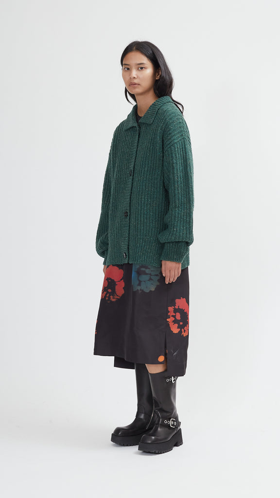 Marni Long Sleeve Ribbed Cardigan in Emerald side view