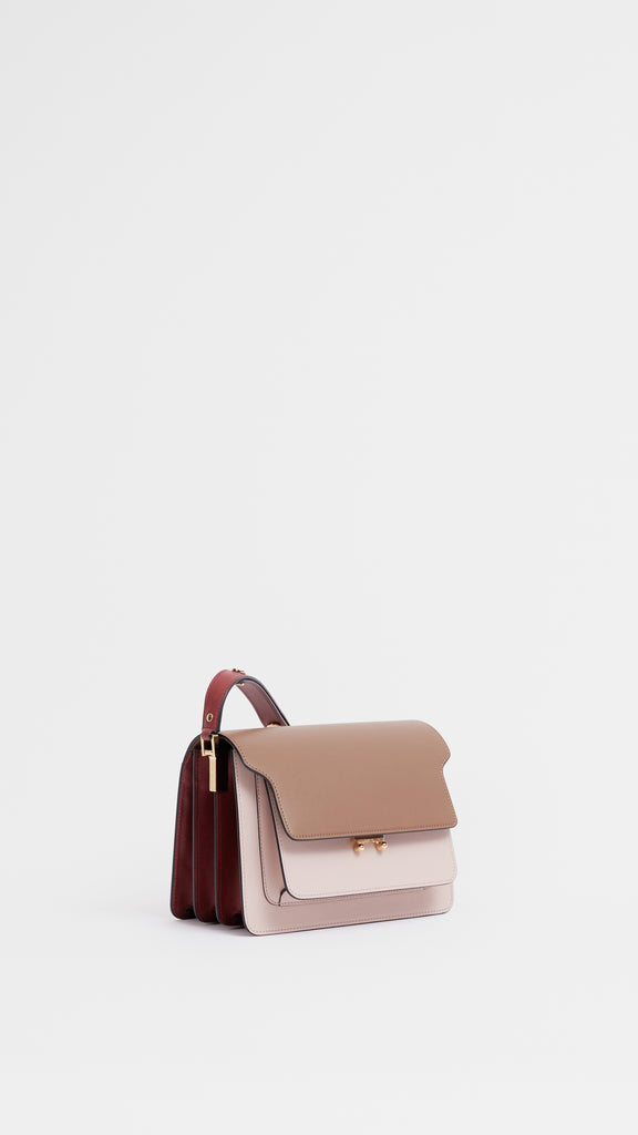 Marni Trunk Bag in Gold Brown, Quartz and Burgundy 3/4 view