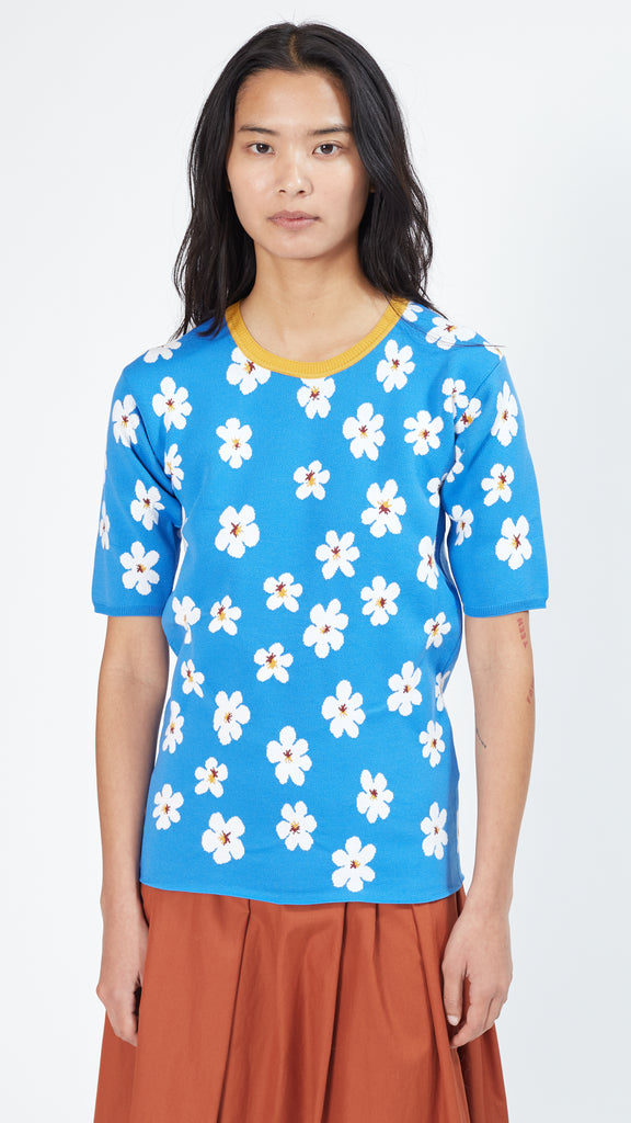 Marni All Over Daisy Jacquard Sweater in Blue Front Detail