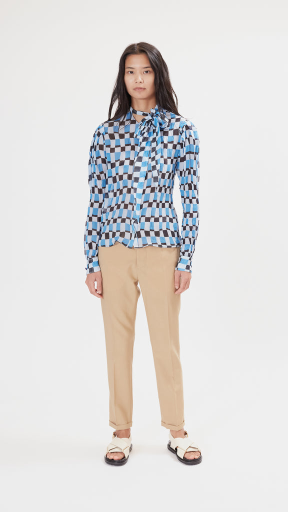 Marni Long Sleeved Tie Neck Shirt with Barrel Cuffs in Powder Blu