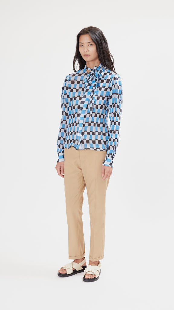 Marni Long Sleeved Tie Neck Shirt with Barrel Cuffs in Powder Blu Side View
