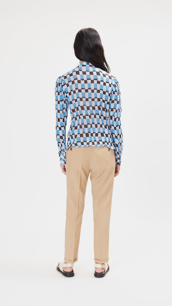 Marni Long Sleeved Tie Neck Shirt with Barrel Cuffs in Powder Blu Back View