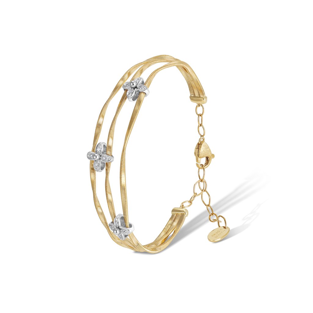 Marrakech Onde Collection 18K Yellow and White Gold Three Strand Bangle with Diamond Flowers